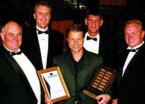 National dealer of the year award: from left to right: Ray McKenzie, Firetech Projects (front); Anton Hochleutner, Pentagon (back); Hartmut Dennevill, Firetech Projects (front); Steve Alberts, Firetech Projects (back); Brendon Hall, Pentagon (front)